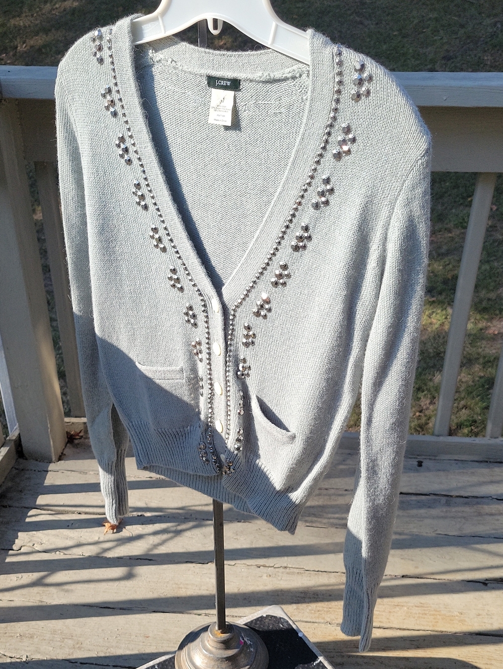 J. Crew Light Gray Beaded V-Neck Cardigan